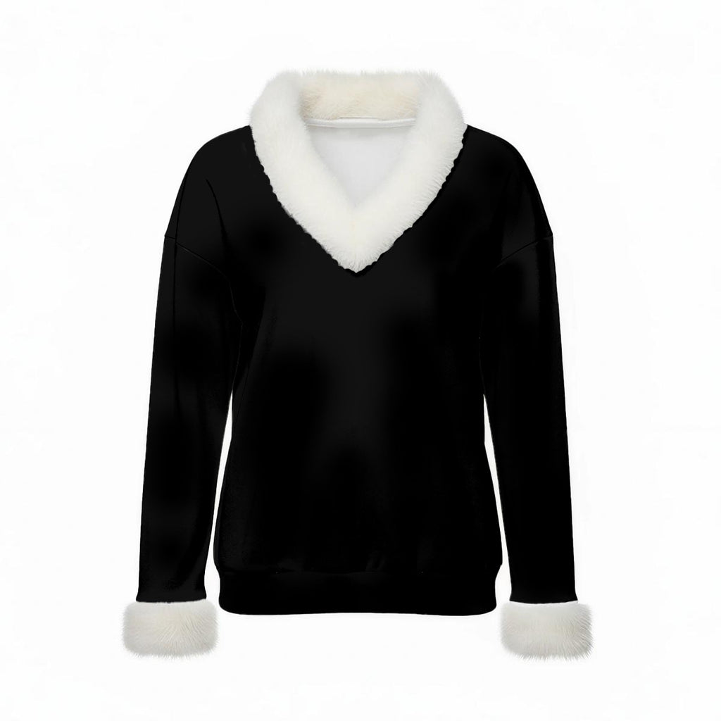 All-Over Print Women's Faux Knit V-Neck Sweater Top with Fur Trim