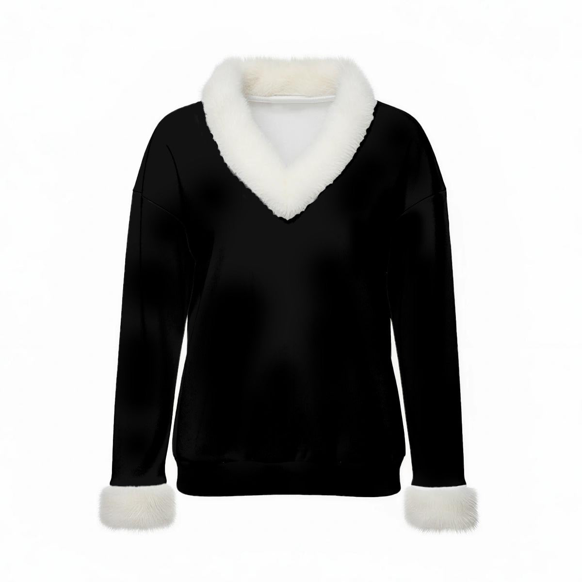 All-Over Print Women's Faux Knit V-Neck Sweater Top with Fur Trim
