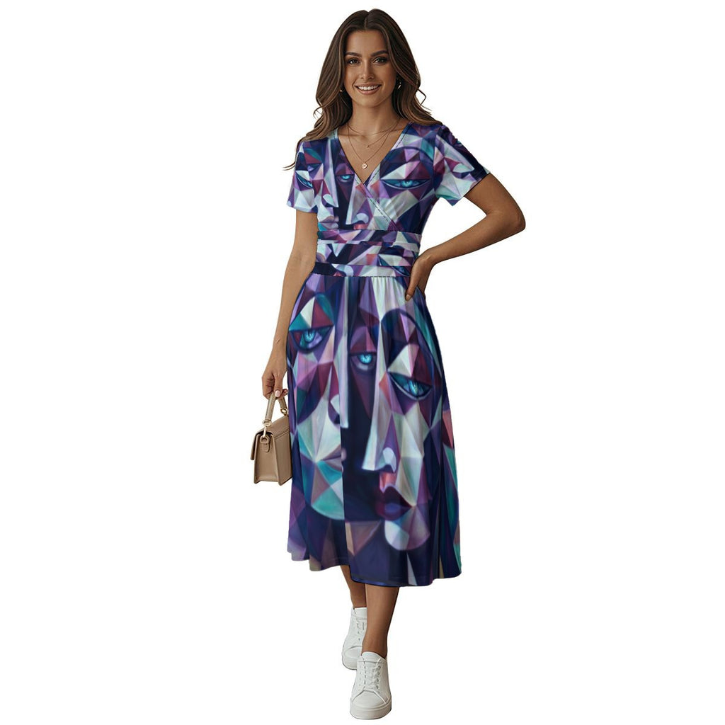 All-over Print Women's Short Sleeve V Neck Midi Dress