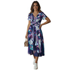 All-over Print Women's Short Sleeve V Neck Midi Dress