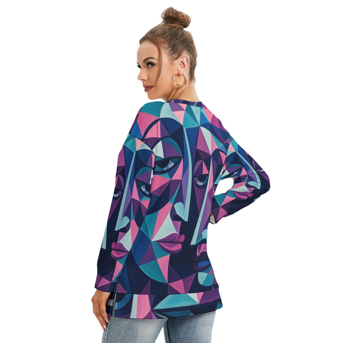 All-Over Print Women's Side Split O-neck Sweatshirt