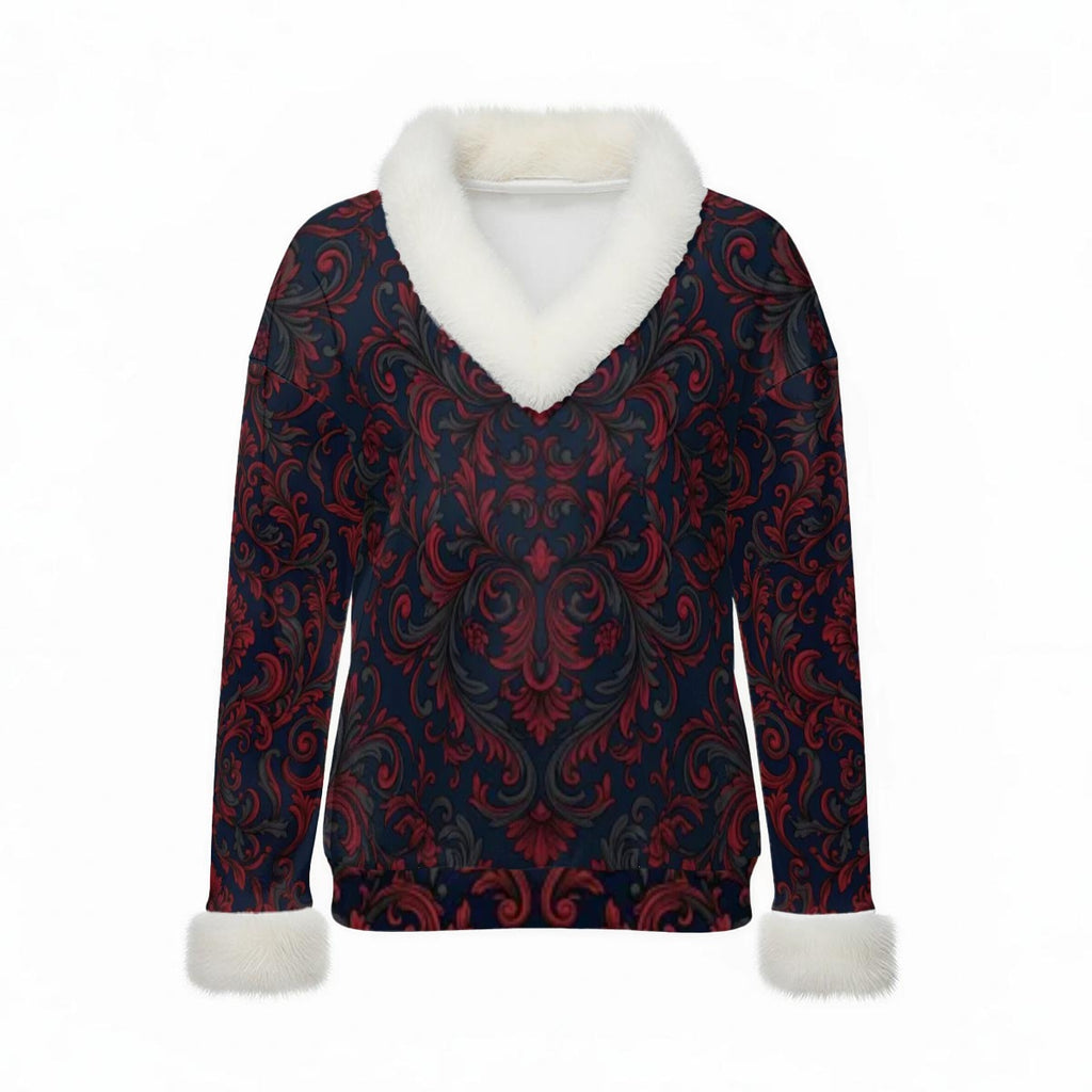 All-Over Print Women's Faux Knit V-Neck Sweater Top with Fur Trim