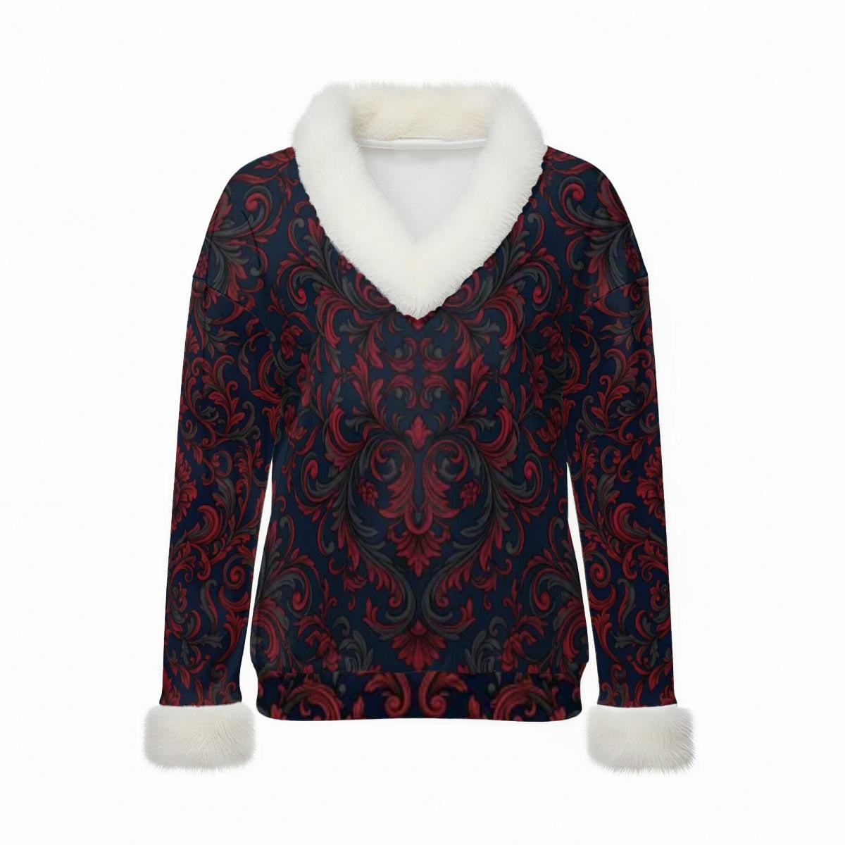 All-Over Print Women's Faux Knit V-Neck Sweater Top with Fur Trim