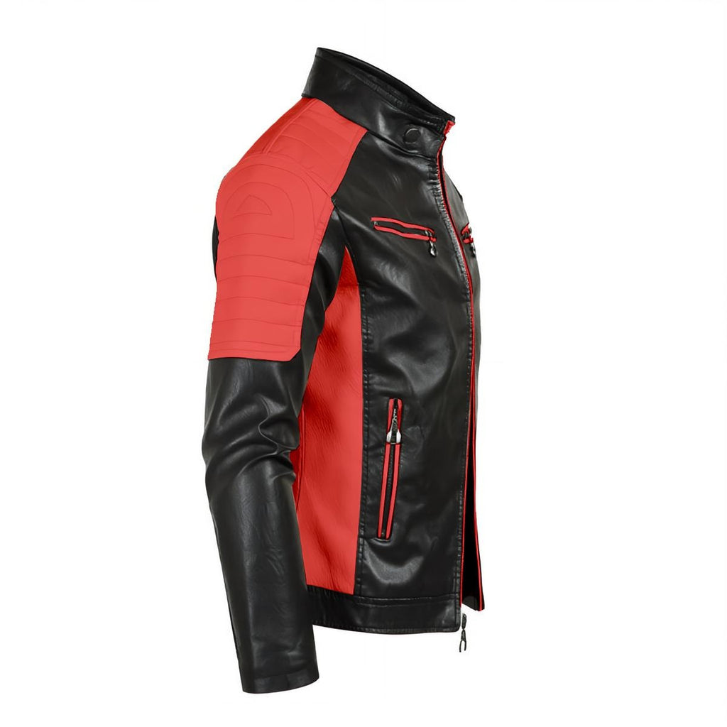 Men's Stand-up Collar Block Slim-fit Leather Jacket (DTF)