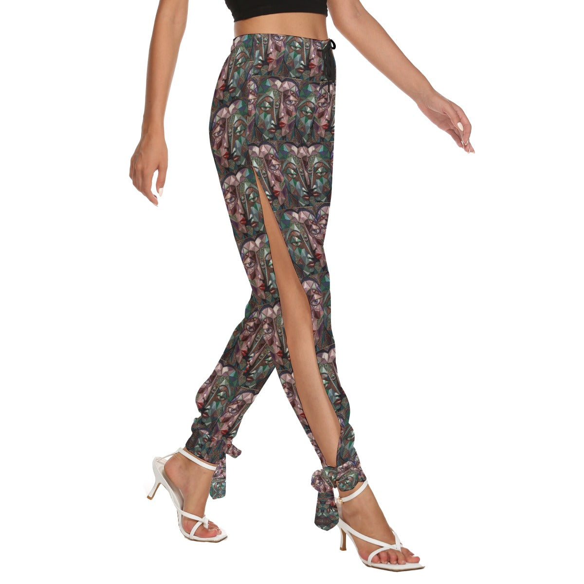 All-Over Print Women's Side Seam Cutout Pants With Bottom Strap