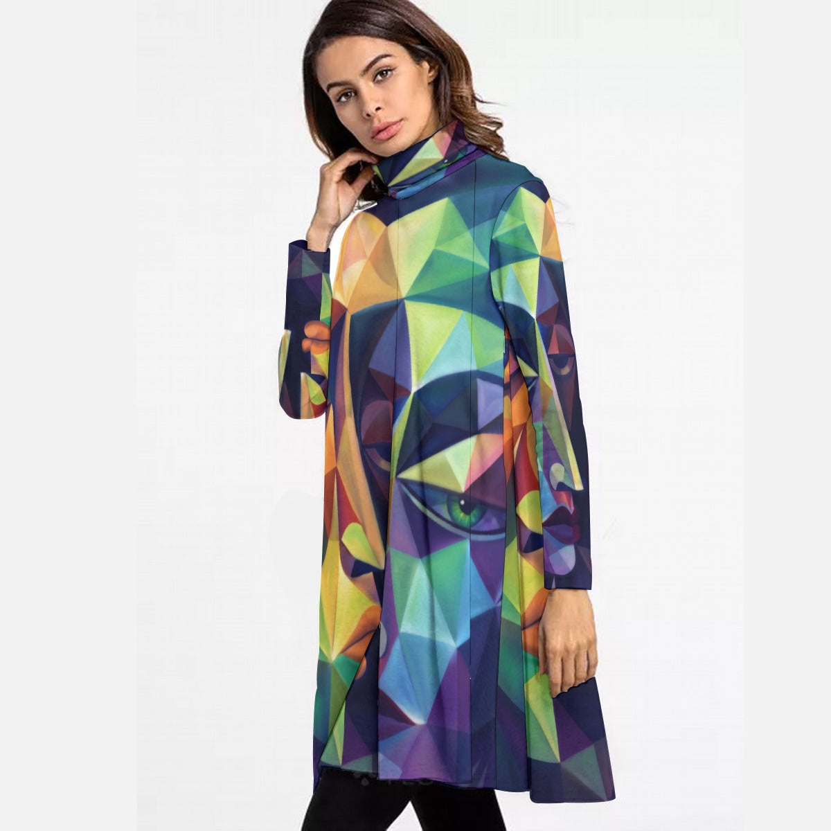 All-Over Print Women's High Neck Dress With Long Sleeve