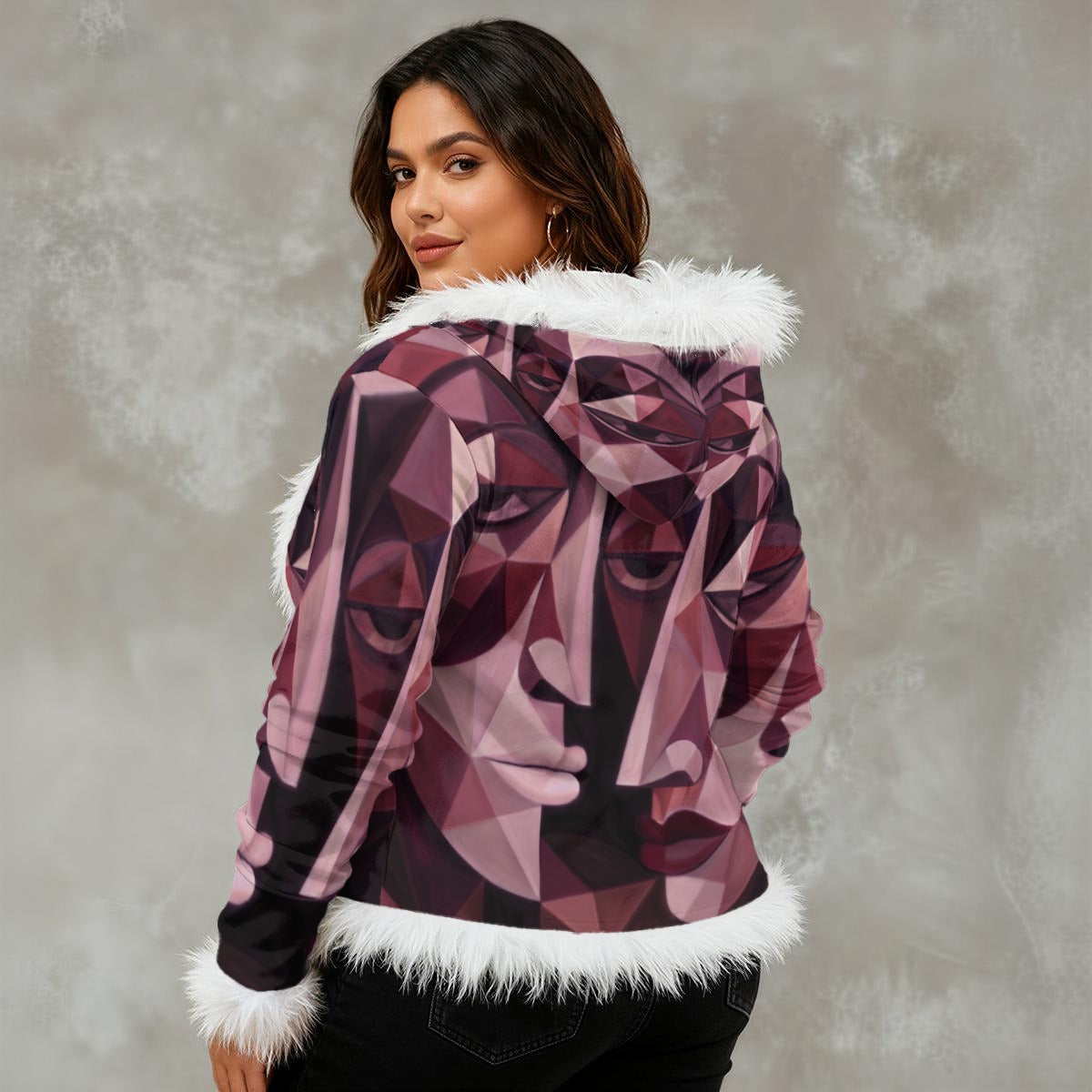 All-Over Print Women's Faux Fur Trim Hooded Jacket | Velvet