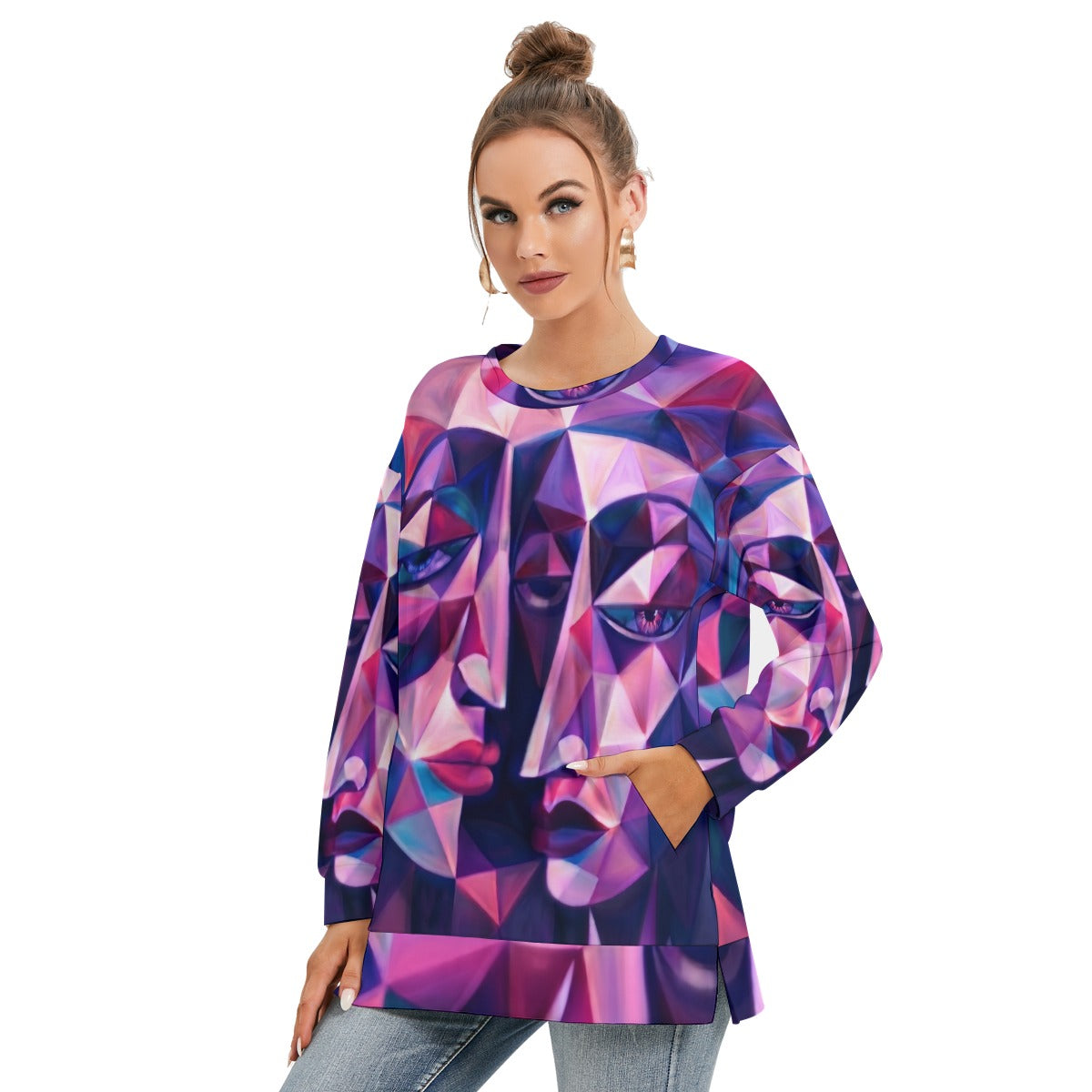 All-Over Print Women's Side Split O-neck Sweatshirt