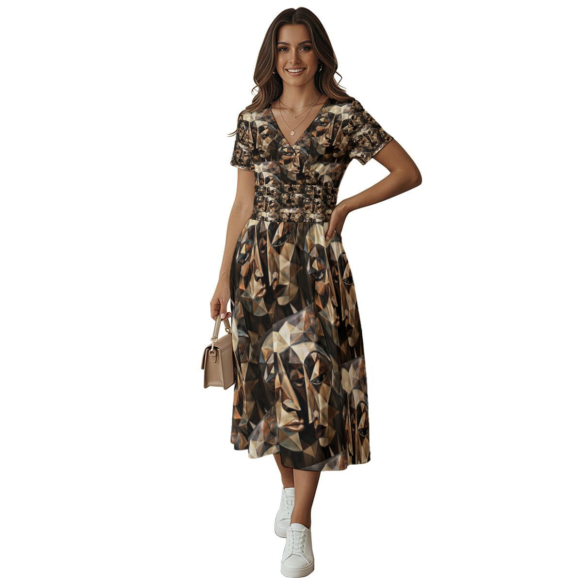 Robe midi à manches courtes et col en V pour femme à impression intégrale