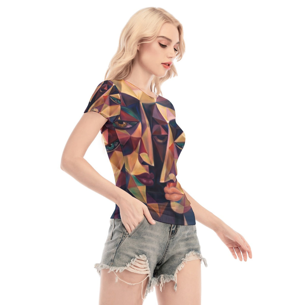 Blusa in mesh da donna a maniche corte con stampa all-over
