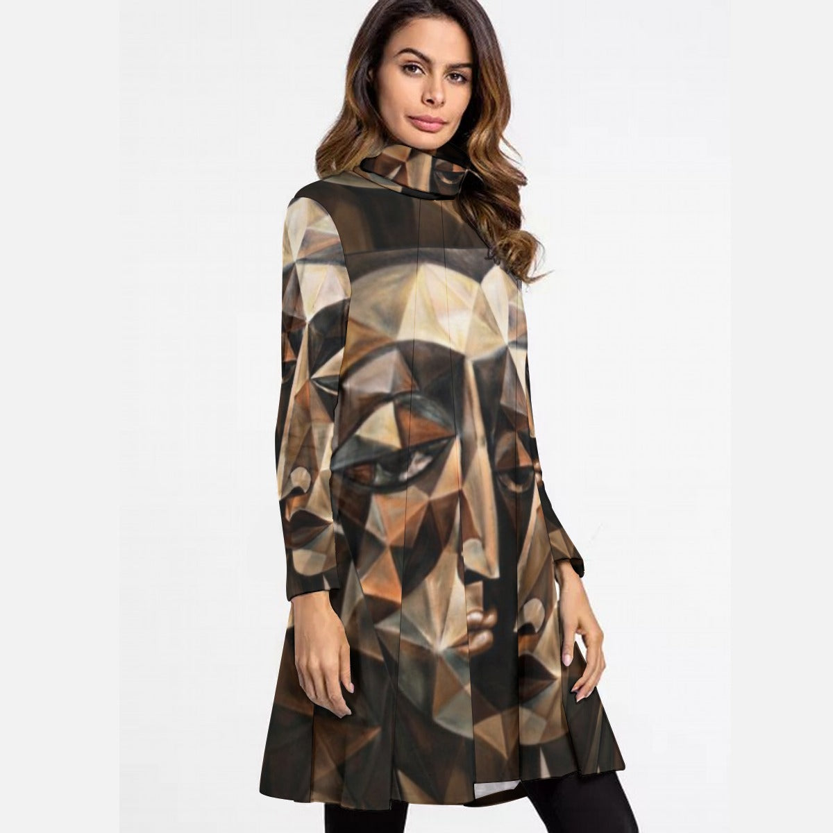 All-Over Print Women's High Neck Dress With Long Sleeve