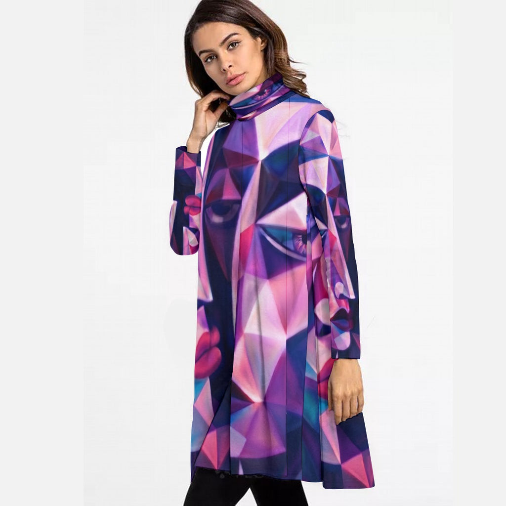 All-Over Print Women's High Neck Dress With Long Sleeve