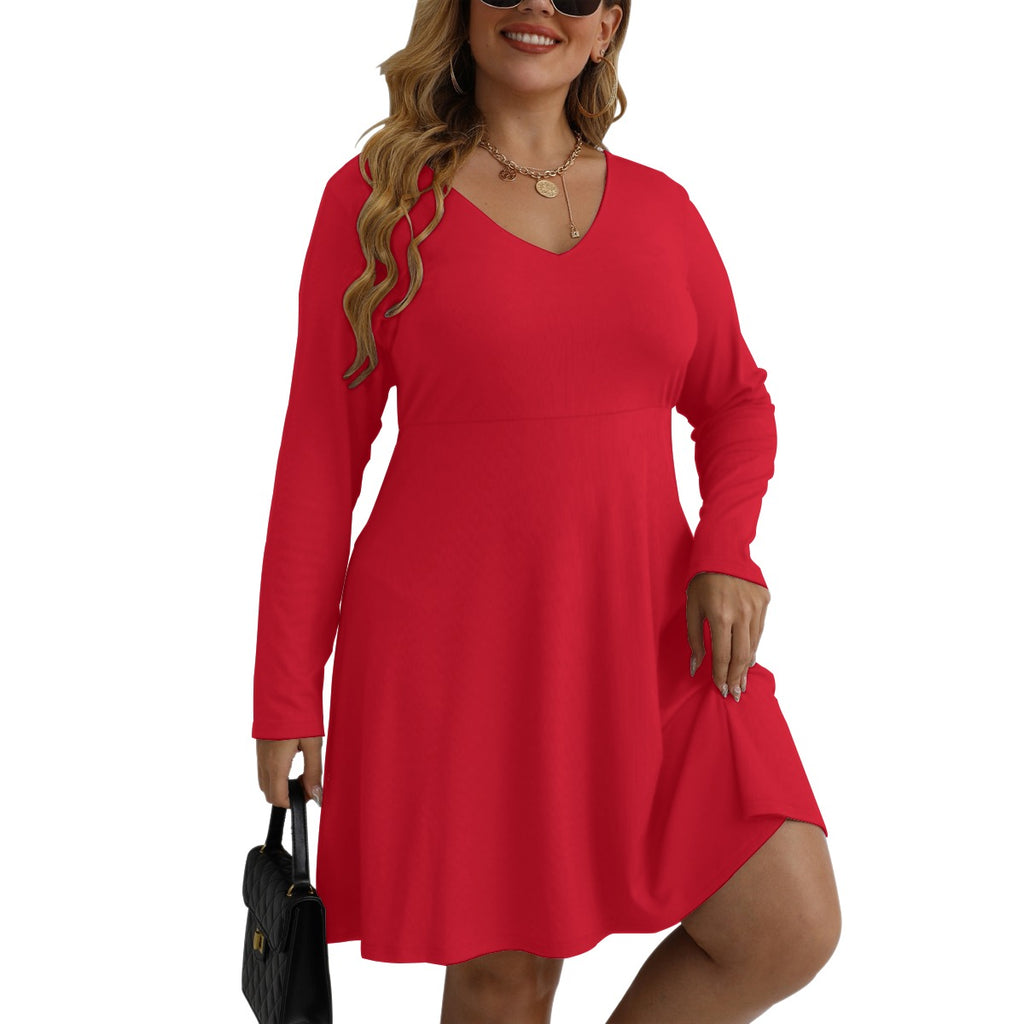 All-Over Print Women's V-neck Long Sleeve Dress(Plus Size)