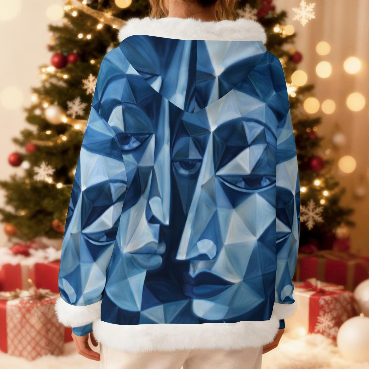 Felpa con cappuccio in pile da donna con stampa all-over e bordo decorativo