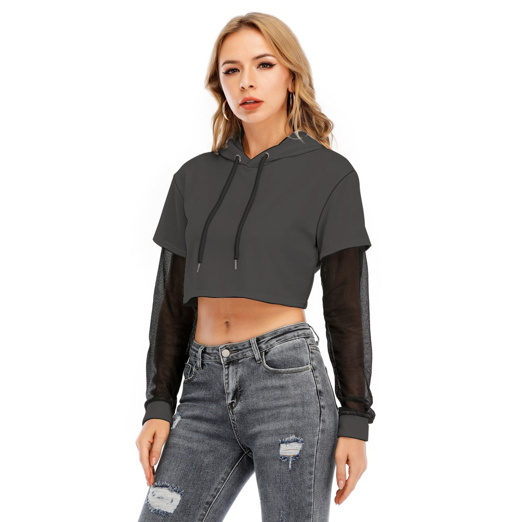 All-Over Print Women's Fake Two-piece Mesh Sleeve Cropped Hoodie