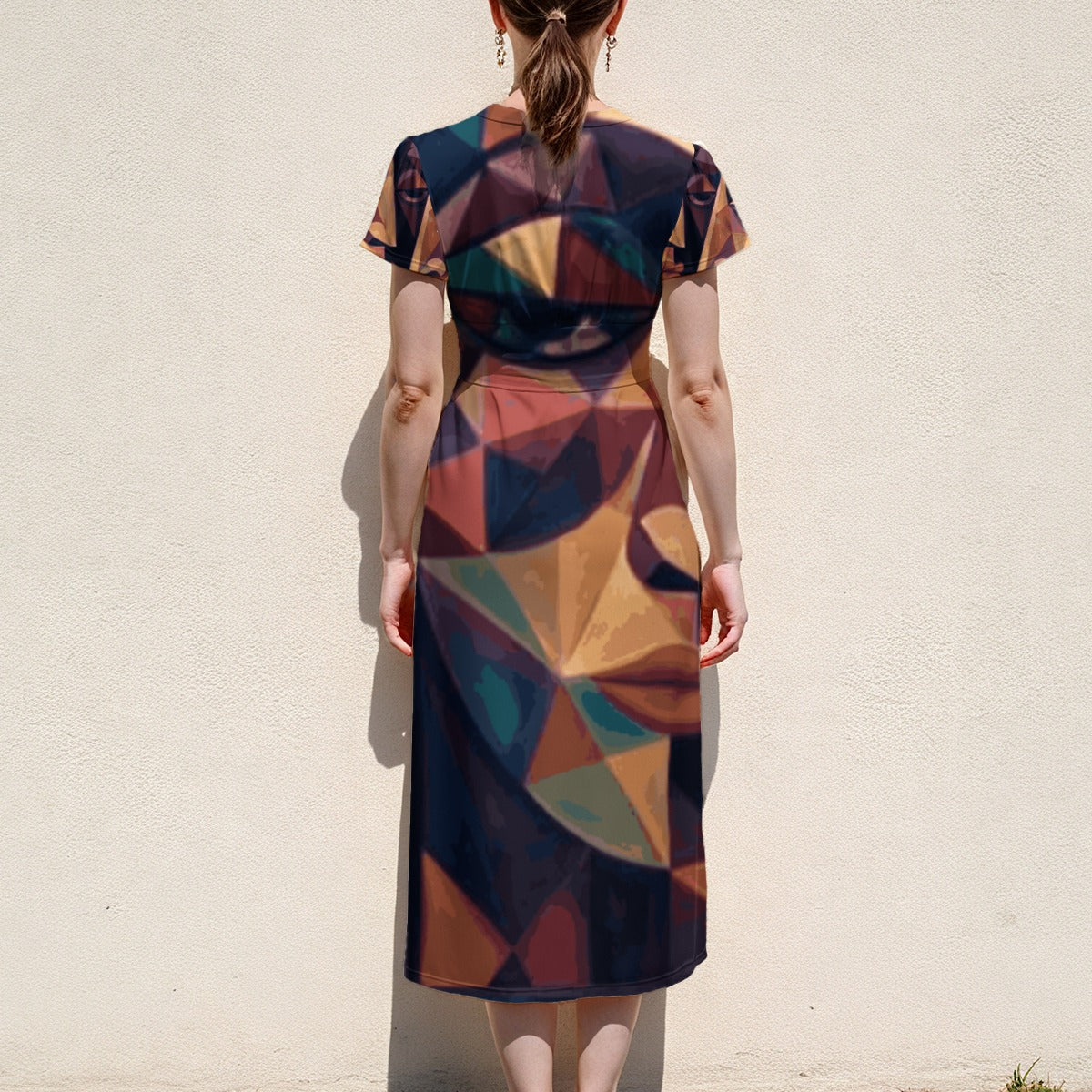 Robe midi à col en V et manches volantées pour femme à imprimé intégral