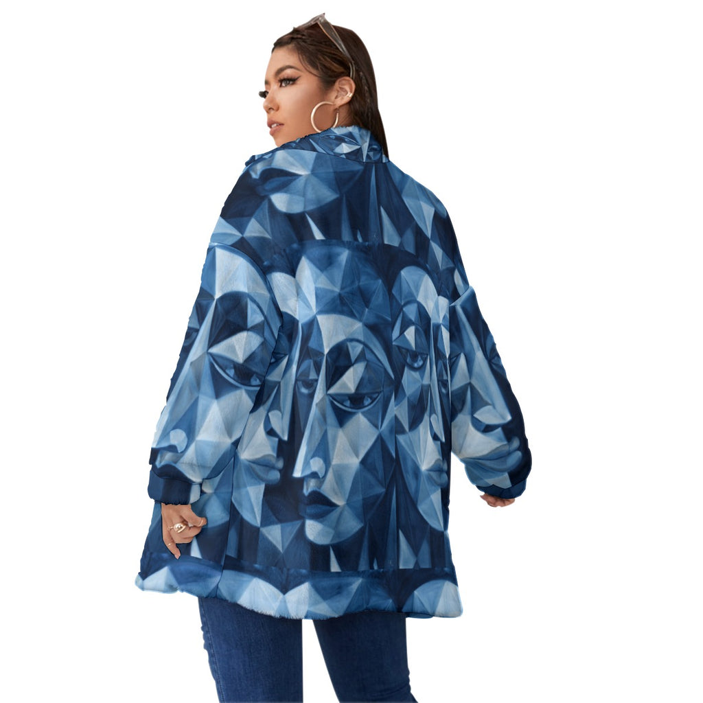 All-Over Print Unisex Borg Fleece Stand-up Collar Coat With Zipper Closure(Plus Size)