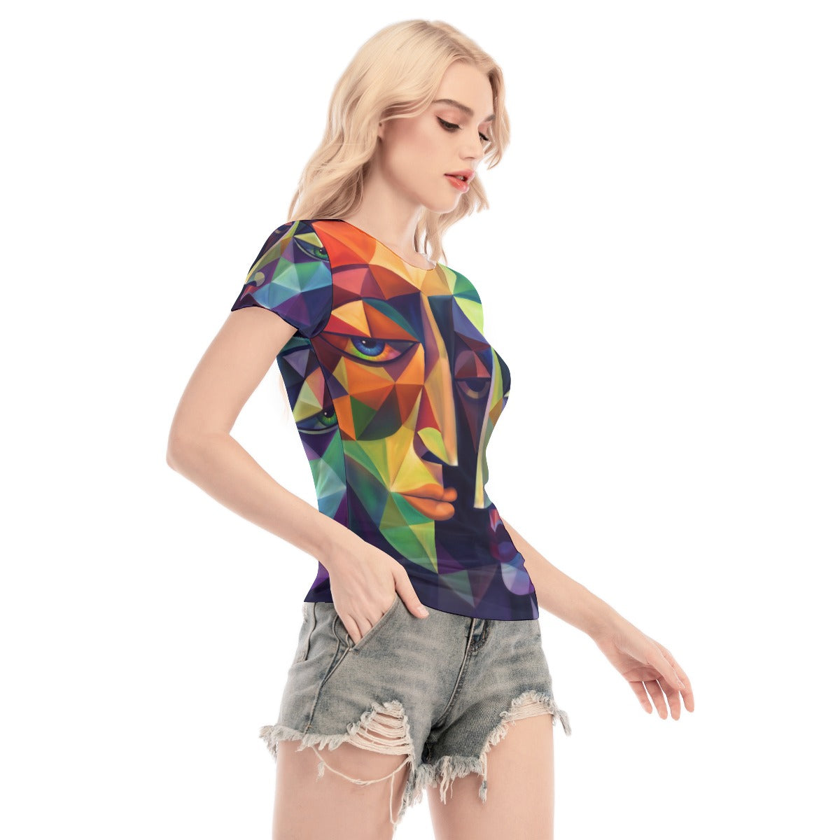 Blusa in mesh da donna a maniche corte con stampa all-over