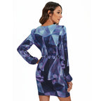 All-Over Print Women's Long Sleeve Dress With Waist Belt