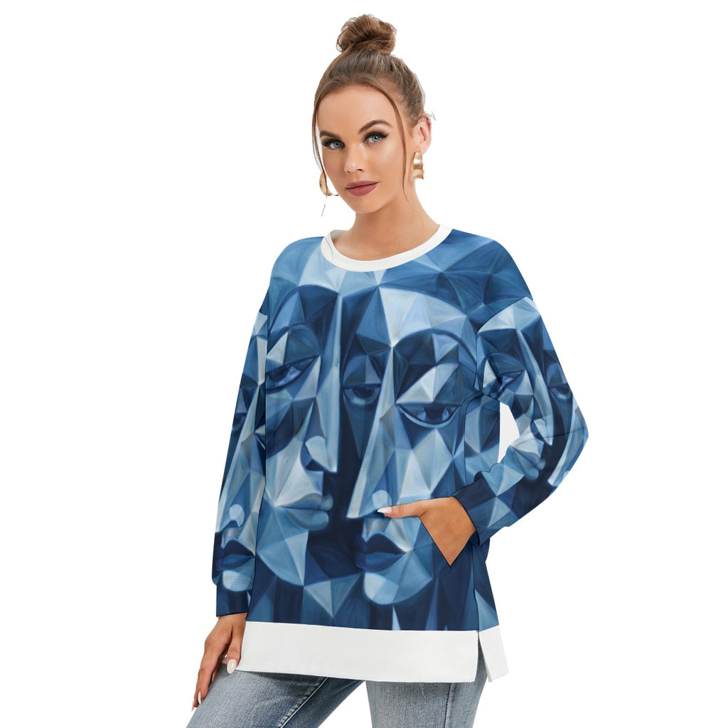 Felpa da donna con stampa all-over, girocollo e spacco laterale