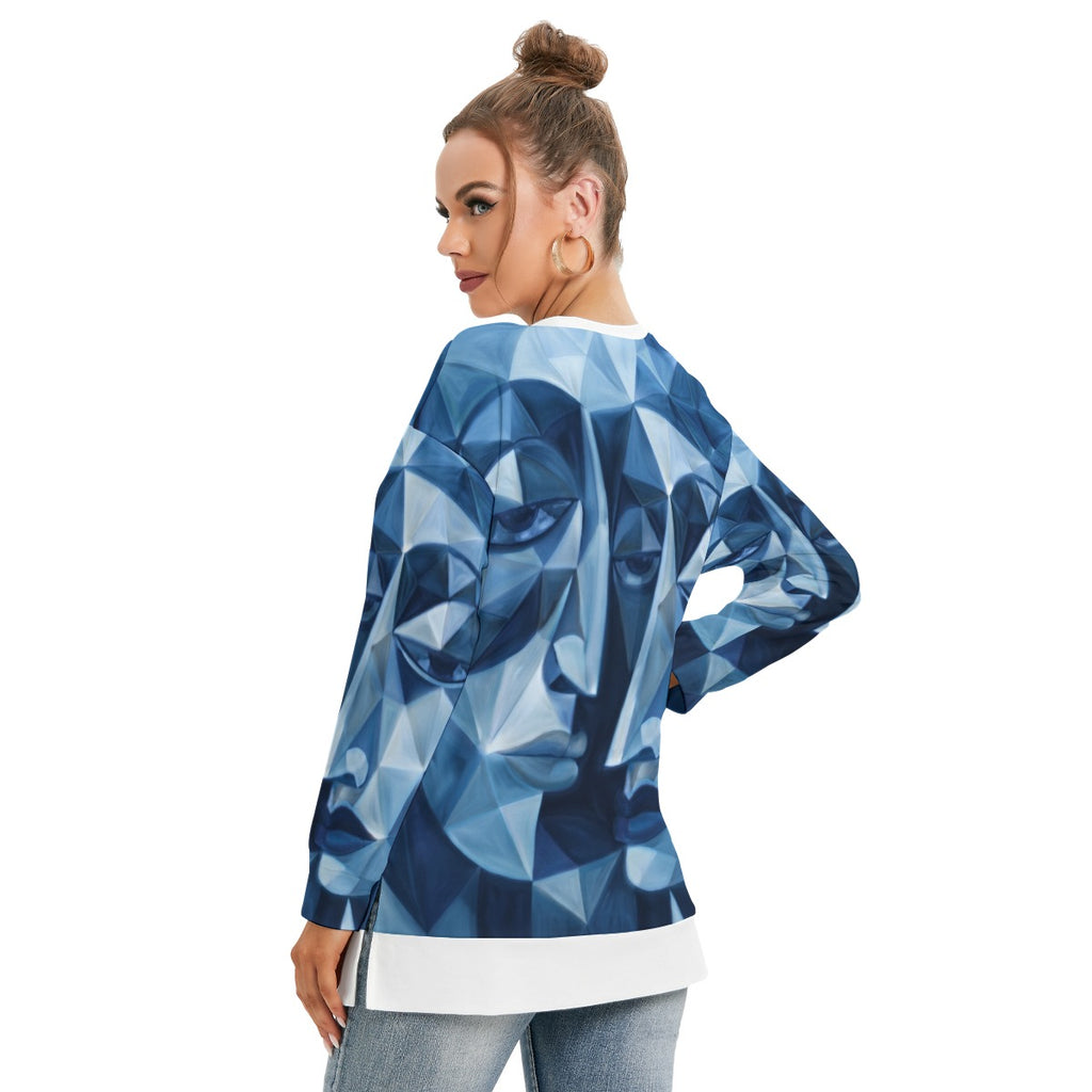 Felpa da donna con stampa all-over, girocollo e spacco laterale