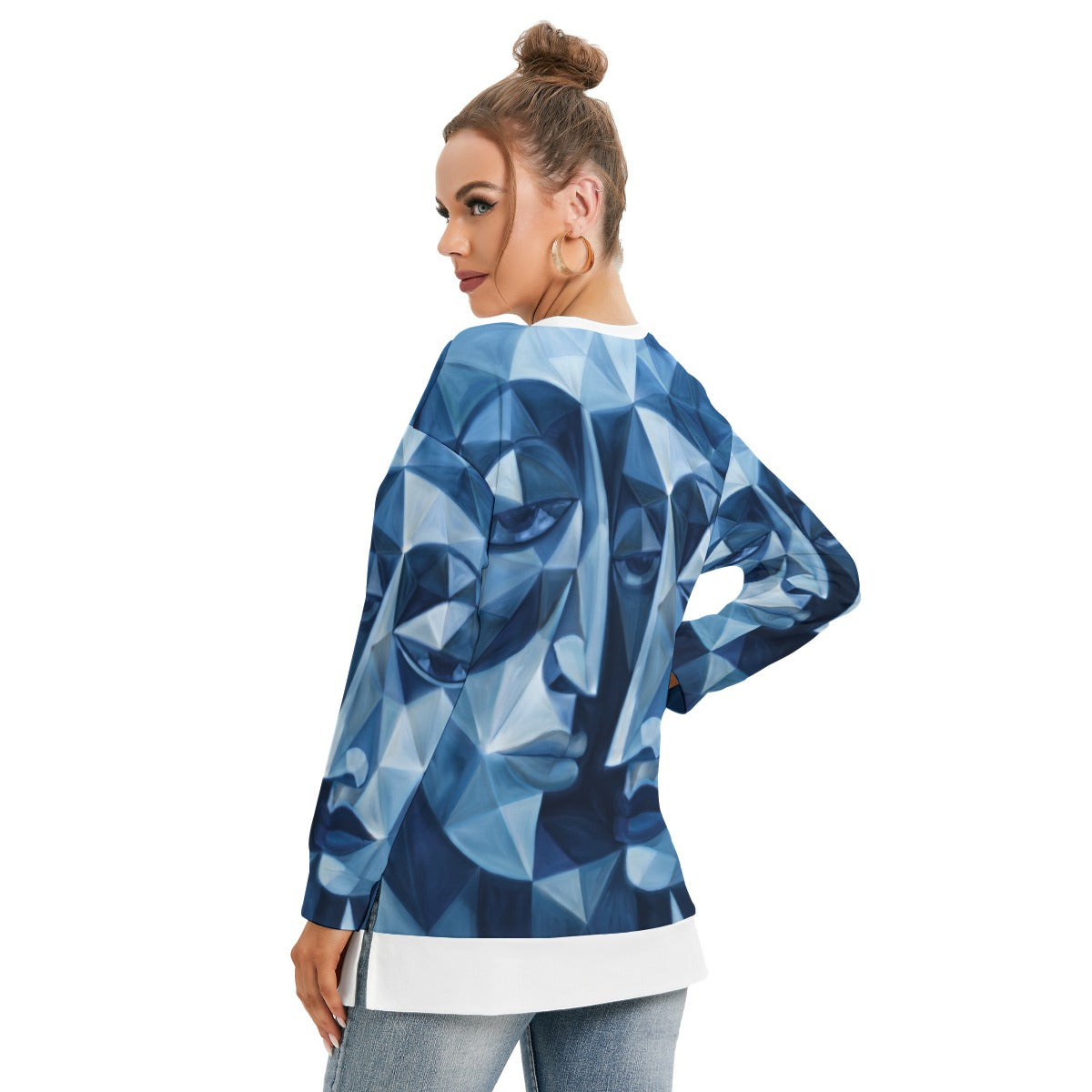 Felpa da donna con stampa all-over, girocollo e spacco laterale