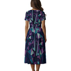 Abito midi da donna a maniche corte con scollo a V e stampa all-over