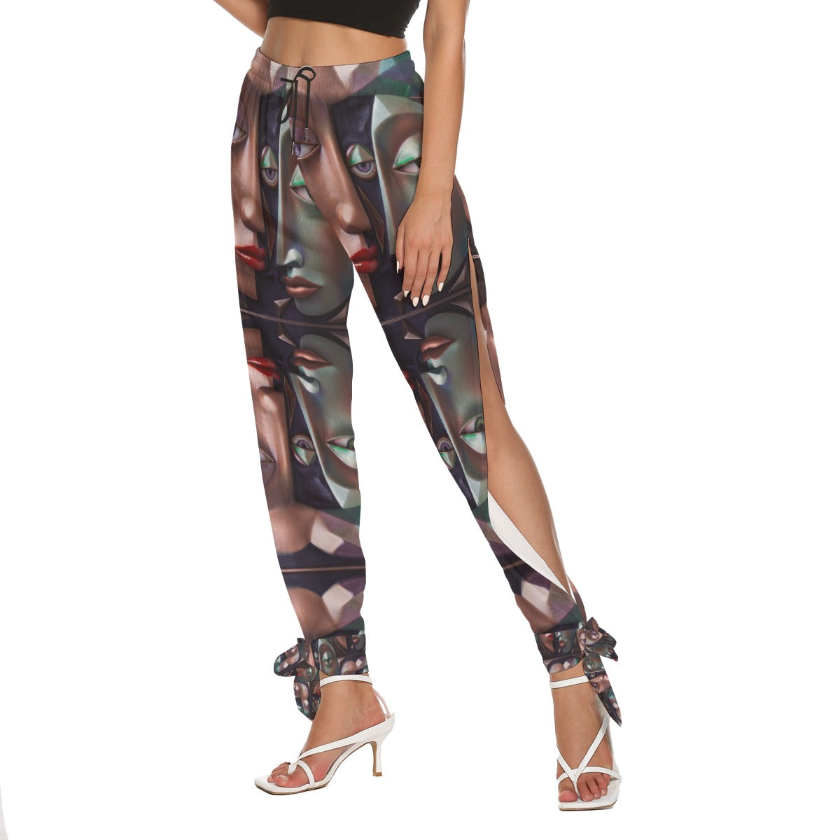 All-Over Print Women's Side Seam Cutout Pants With Bottom Strap