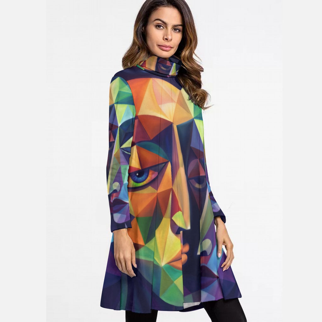 All-Over Print Women's High Neck Dress With Long Sleeve