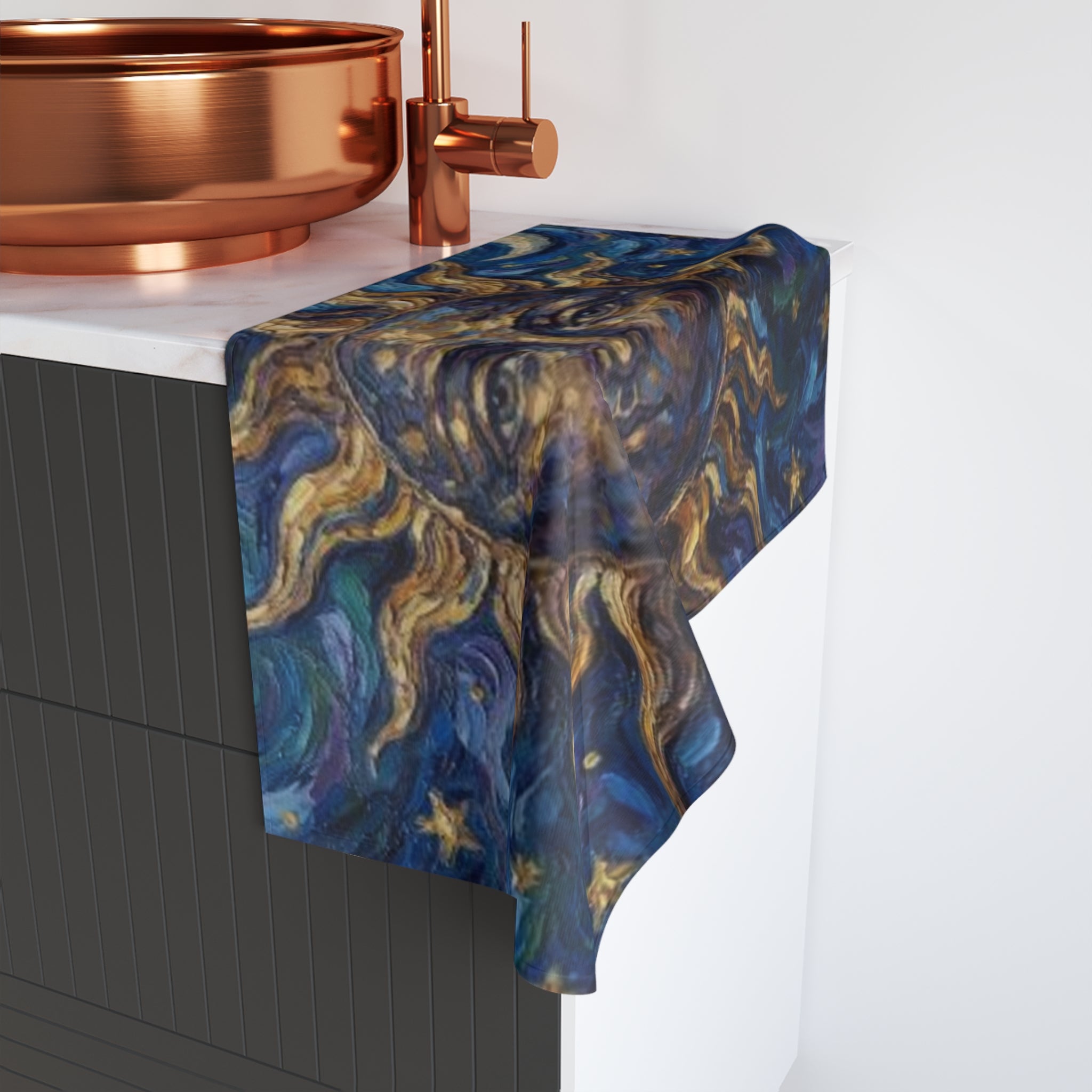 Celestial Sun & Stars Hand Towel — Van Gogh Style Night Sky
