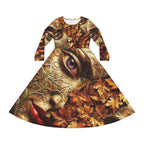 All-over print Autumn Masquerade Long Sleeve Dress from Printify's "No More Stolen Sisters" MMIWG collection featuring colorful masked figures.
