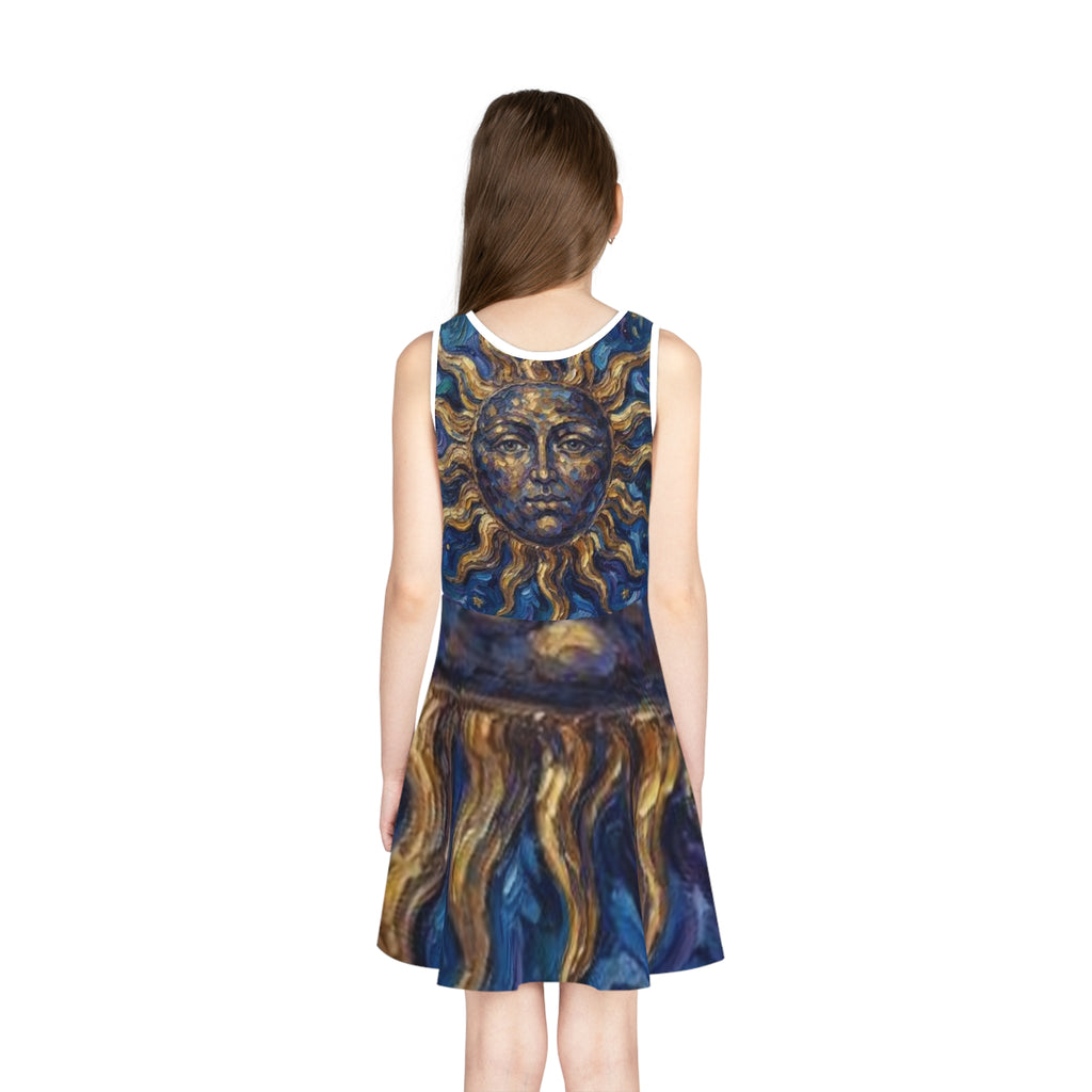 Sunface Art Sundress — Girls' Blue & Gold Celestial Sun Twirl Dress -"No More Stolen Sisters!" #mmiwg Collection