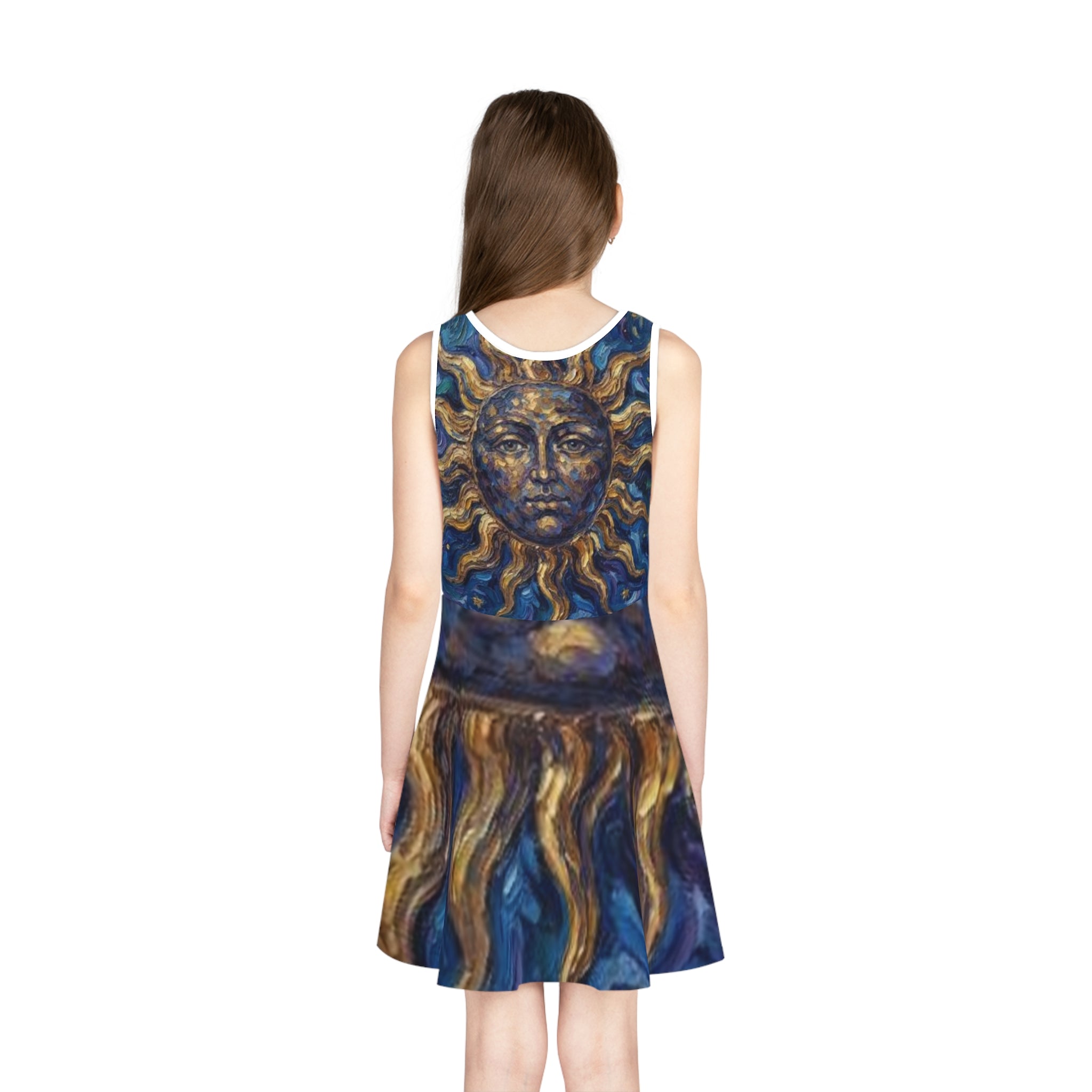 Sunface Art Sundress — Girls' Blue & Gold Celestial Sun Twirl Dress -"No More Stolen Sisters!" #mmiwg Collection