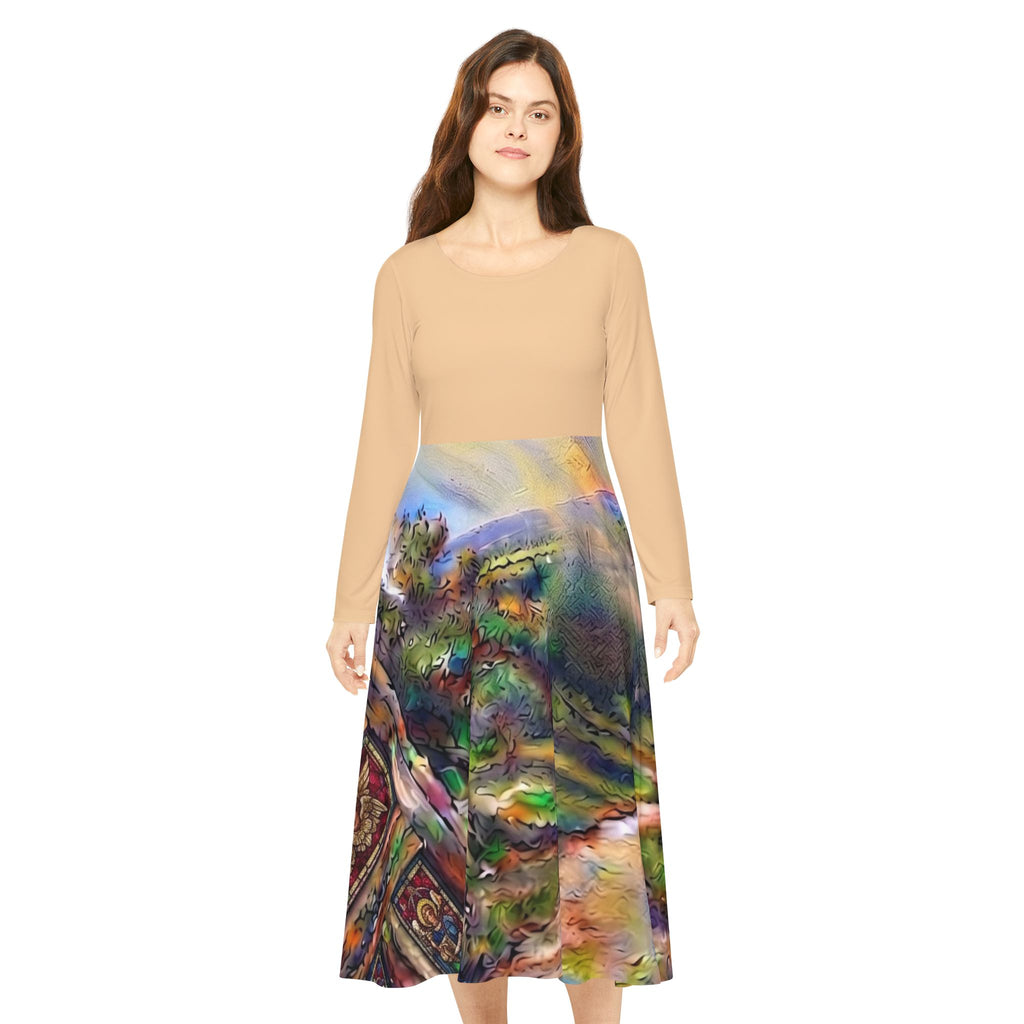 Women's Long Sleeve Dress Door opening to lighted path (AOP)