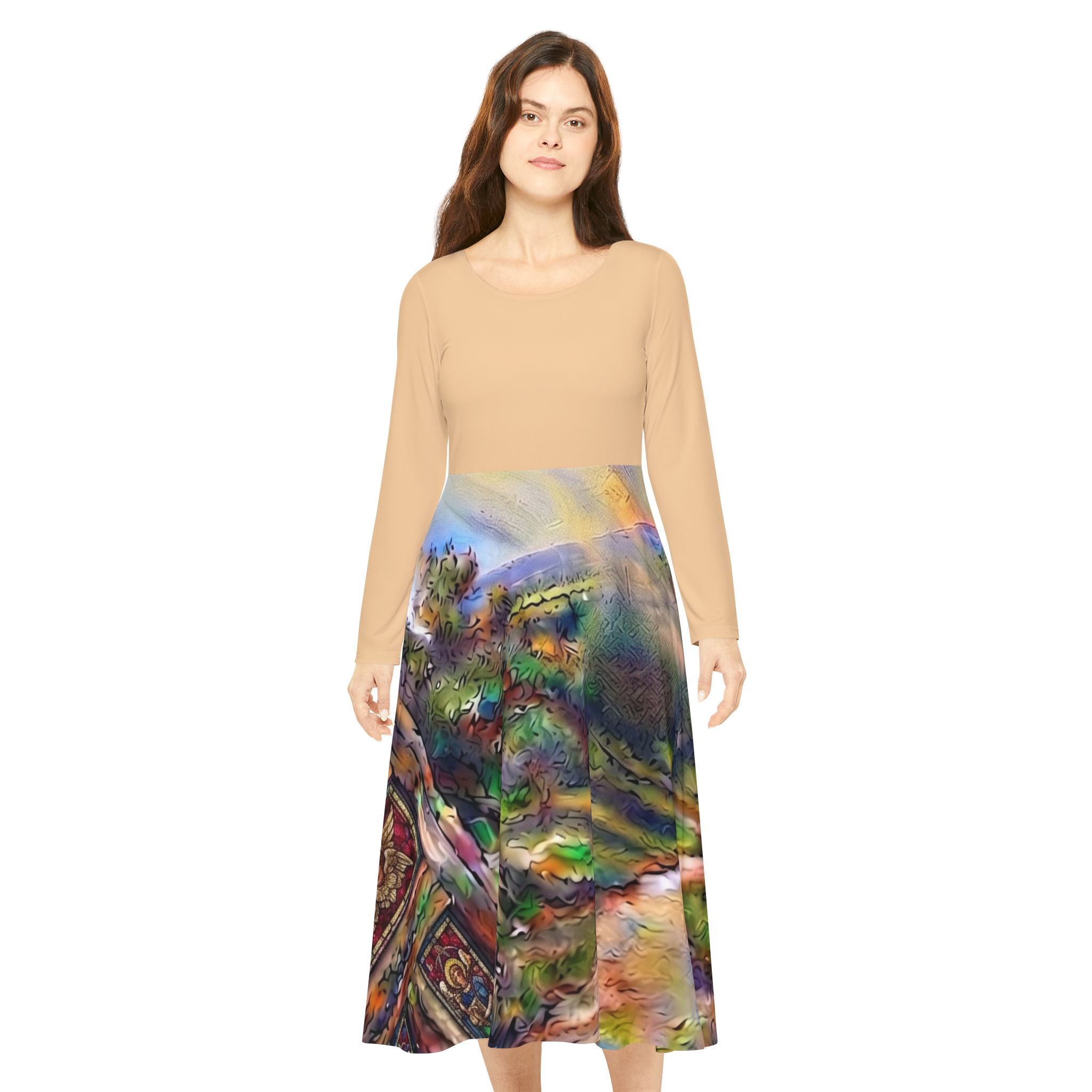 Women's Long Sleeve Dress Door opening to lighted path (AOP)