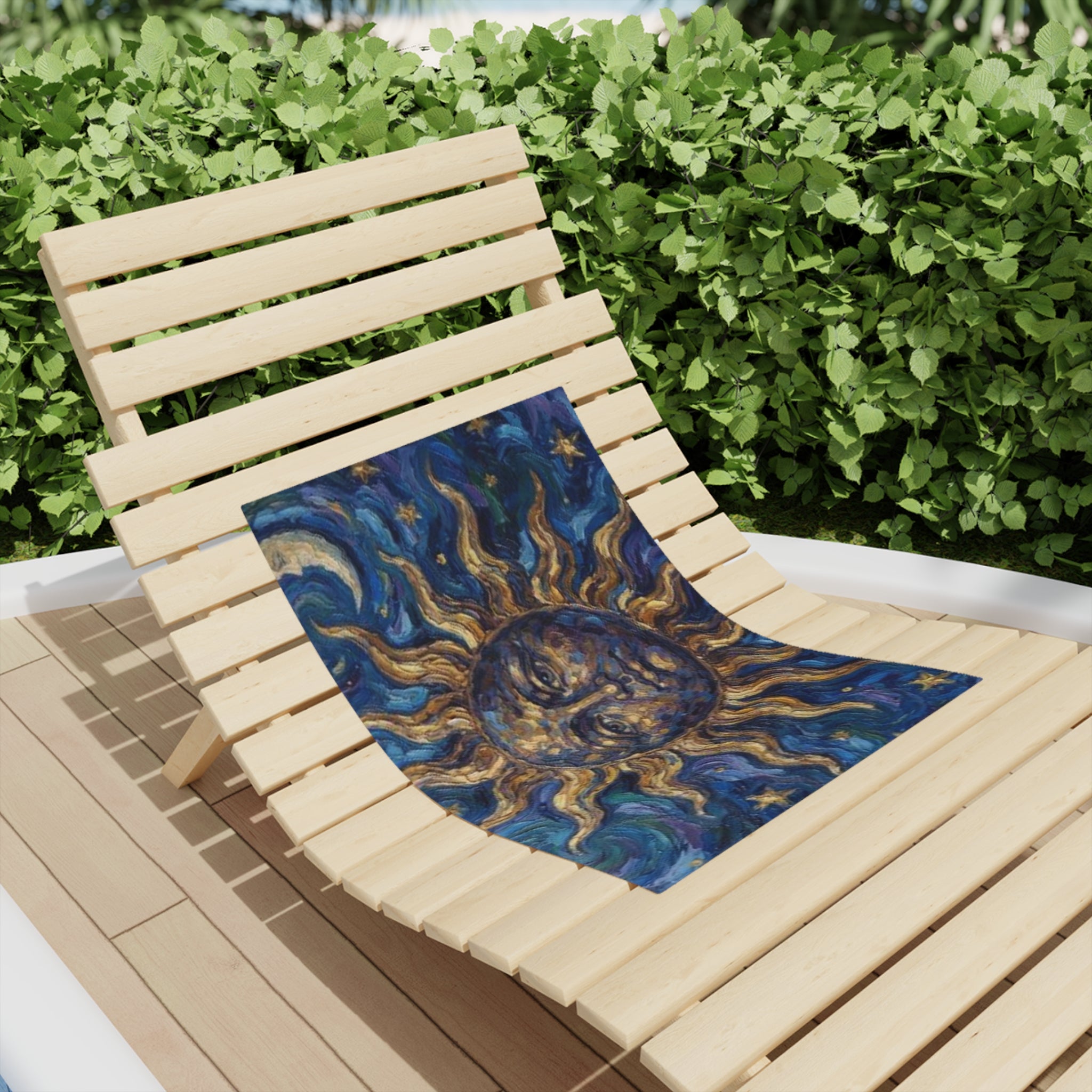 Celestial Sun Beach Towel – Golden Sun Face on Starry Blue Background