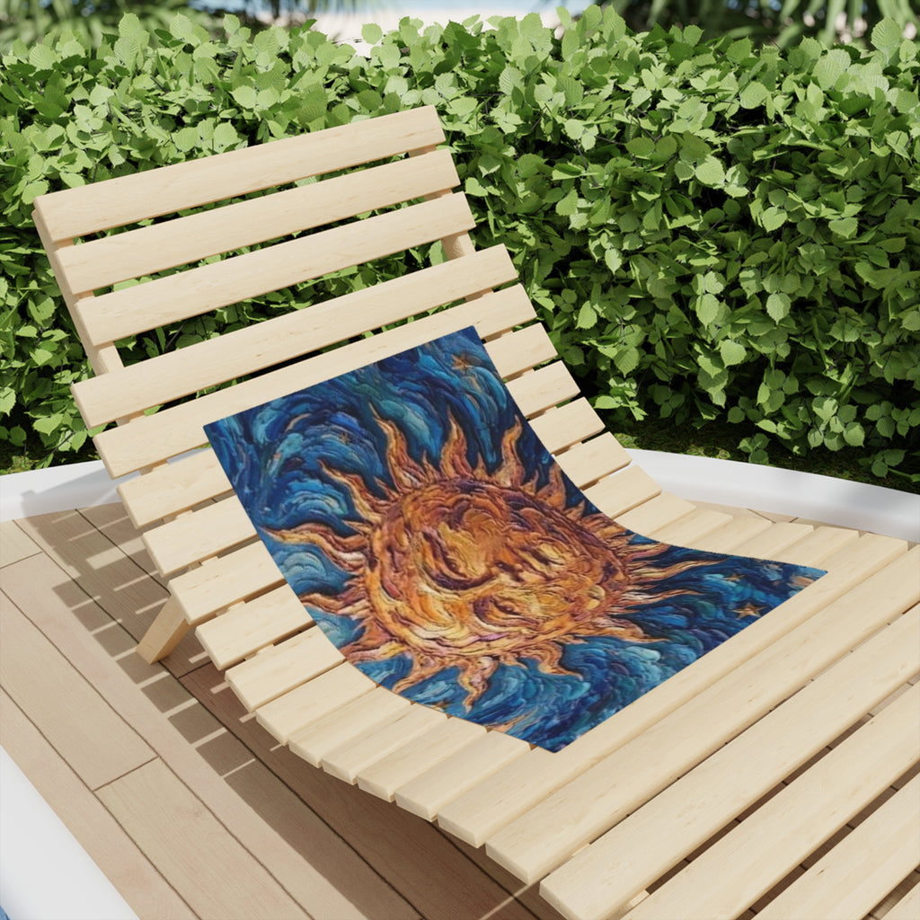 Celestial Sun Beach Towel — Vibrant Van Gogh‑Style Sun & Swirling Blue Waves