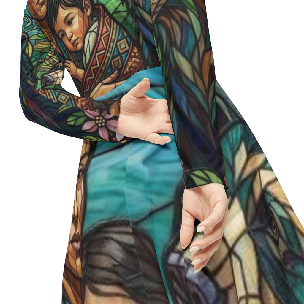 Madre e hijo colombianos con oso espiritual, Serie No Más Hermanas Robadas, #mmiwg, Vestido de Arte de Vidrio Teñido | Vestido de Baile de Manga Larga