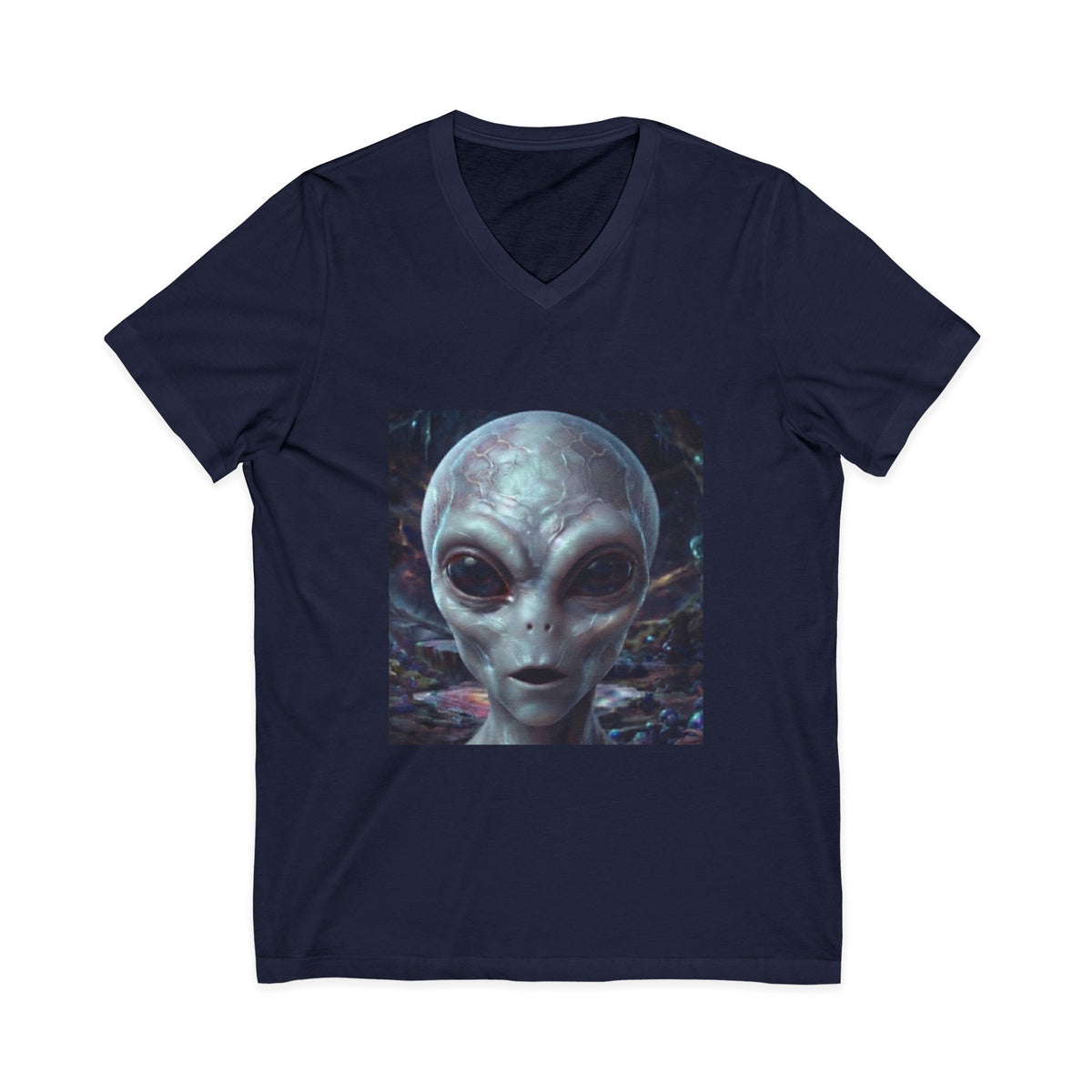 Alien Face V-Neck Tee — Realistic Extraterrestrial Graphic T-Shirt
