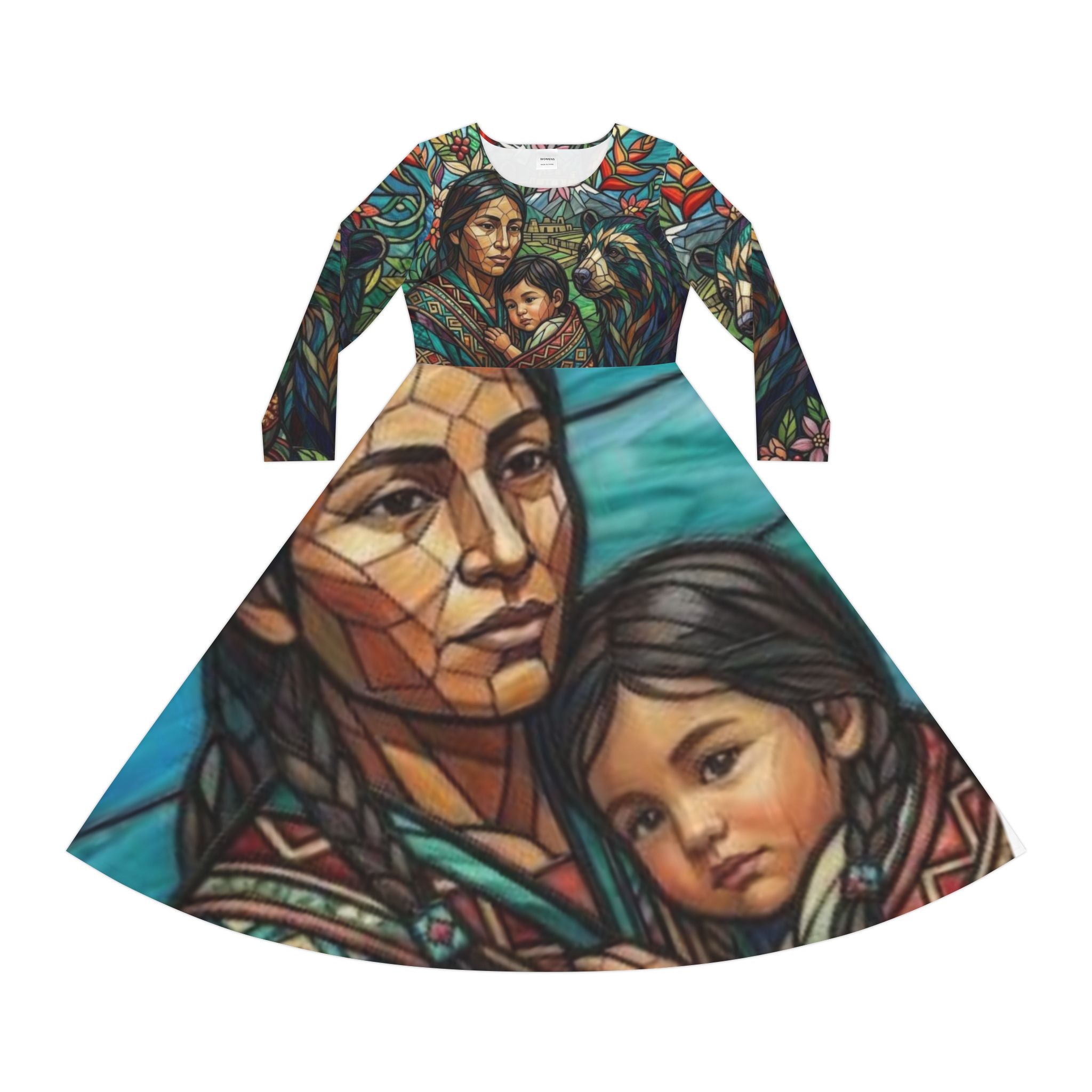 Columbian Mother and Child with spirit bear, No More Stolen Sisters Series, #mmiwg, Stained Glass Art Dress | Long Sleeve Dance Dress