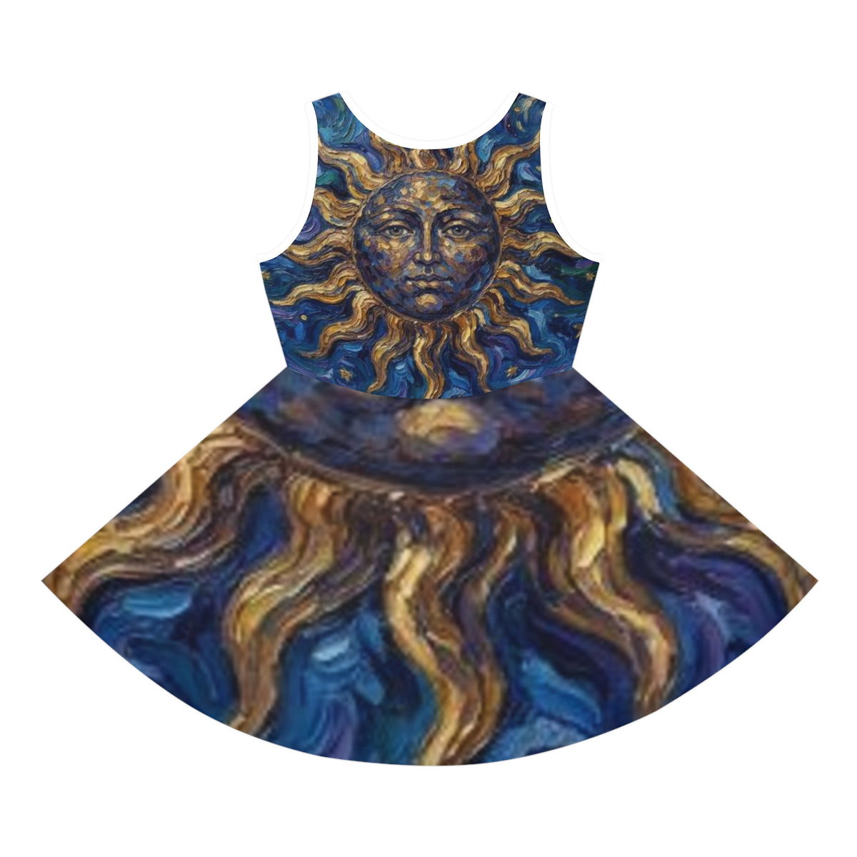 Sunface Art Sundress — Girls' Blue & Gold Celestial Sun Twirl Dress -"No More Stolen Sisters!" #mmiwg Collection