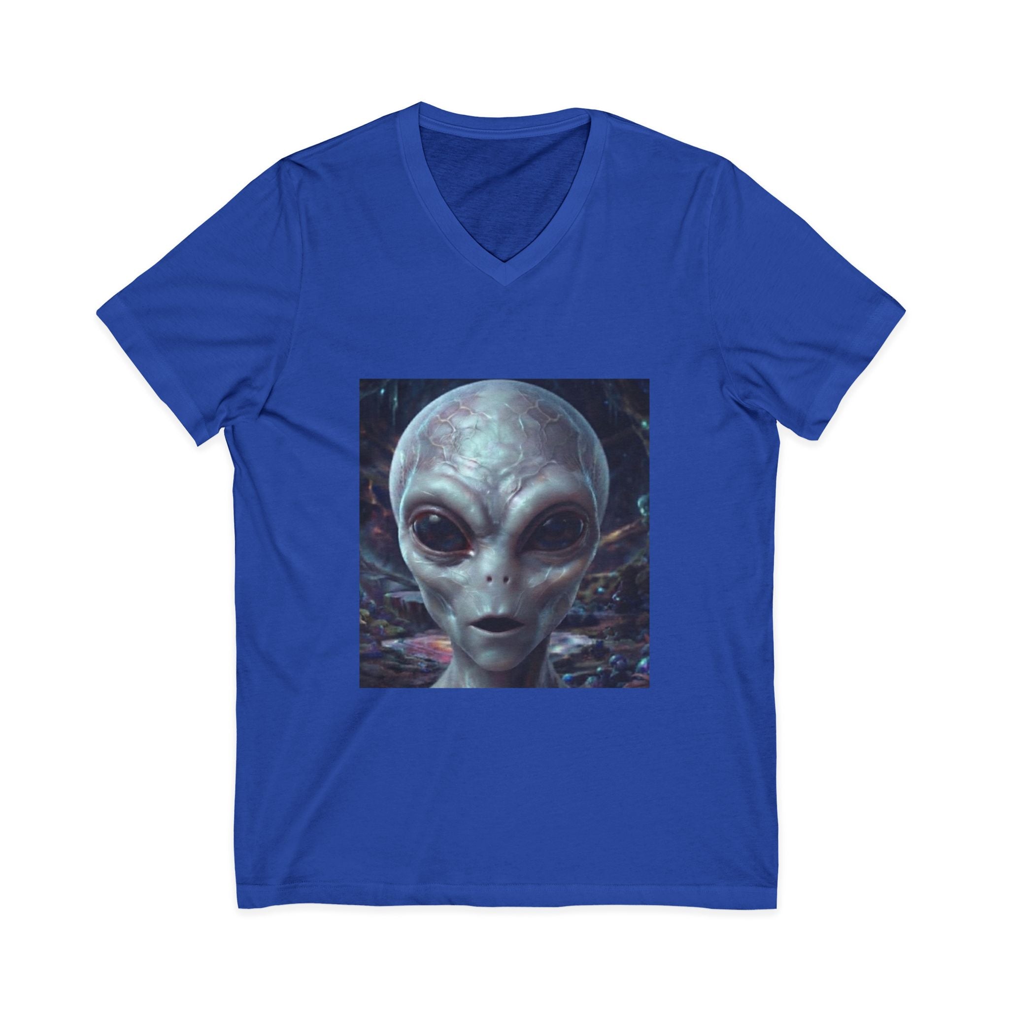 Alien Face V-Neck Tee — Realistic Extraterrestrial Graphic T-Shirt
