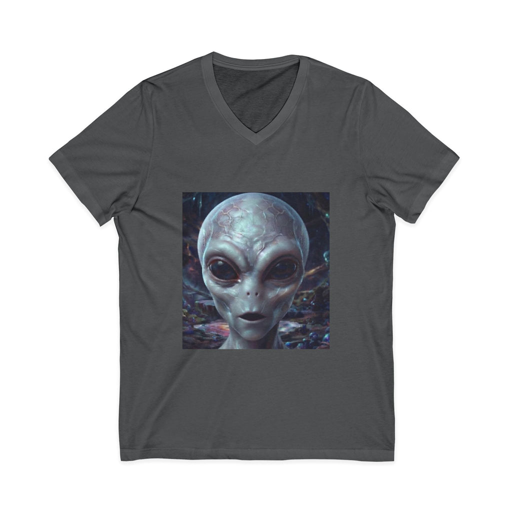Alien Face V-Neck Tee — Realistic Extraterrestrial Graphic T-Shirt