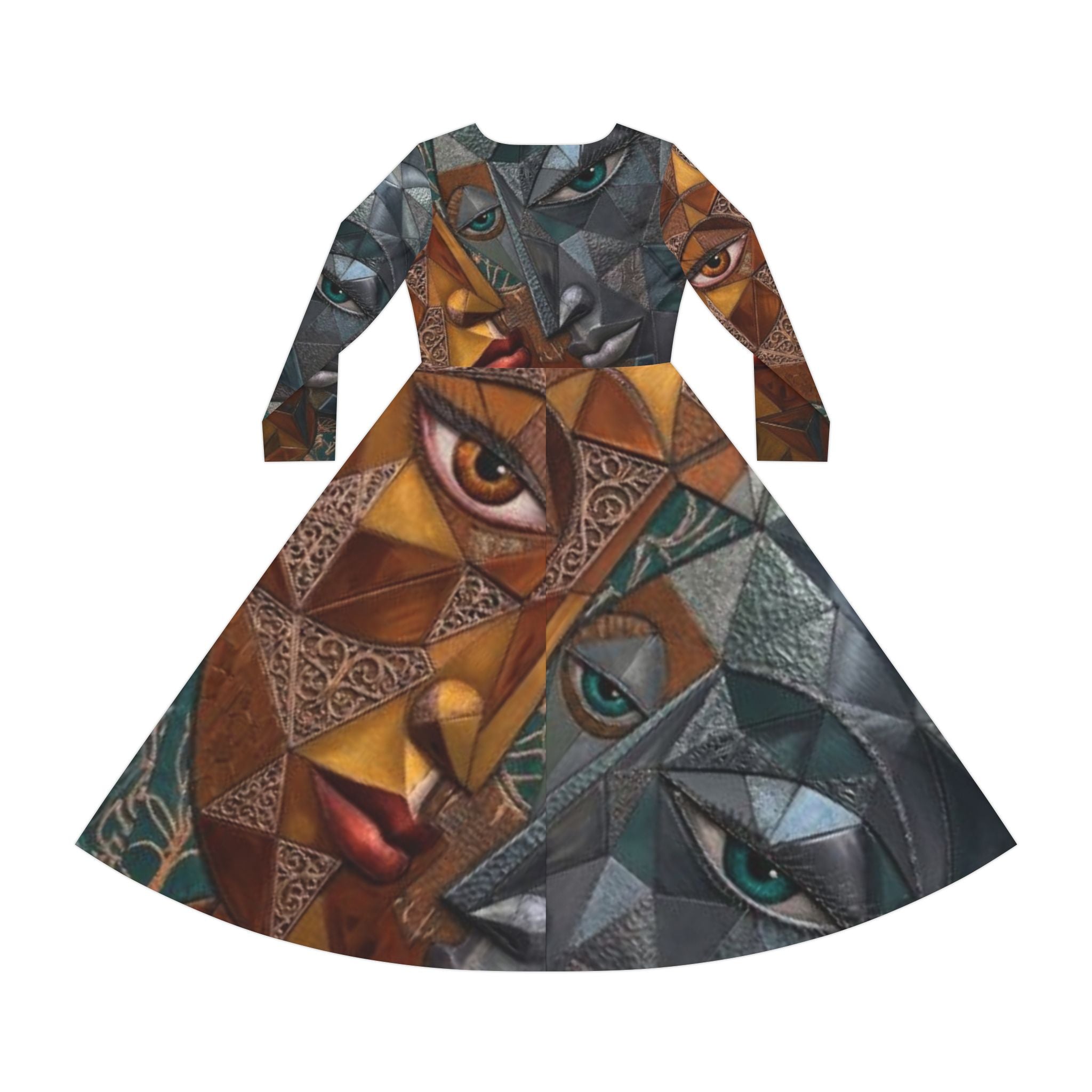Cubist Mask Faces Dress | Long Sleeve Dance Dress