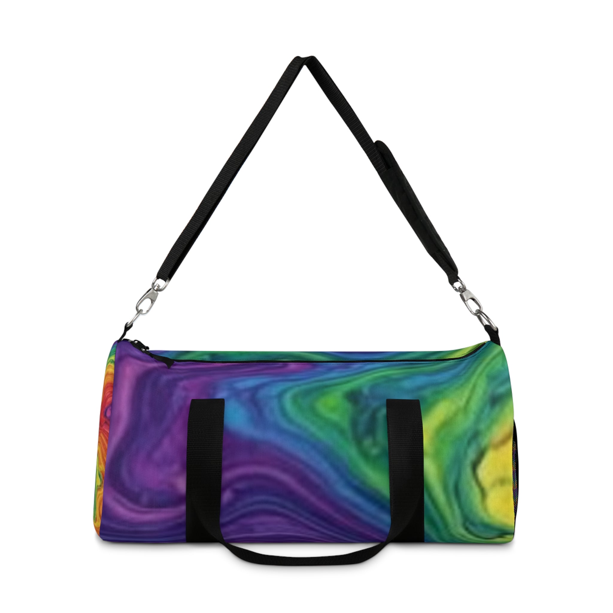 Rainbow Swirl Duffel Bag — Colorful Travel Gym Bag with Psychedelic Marble Print