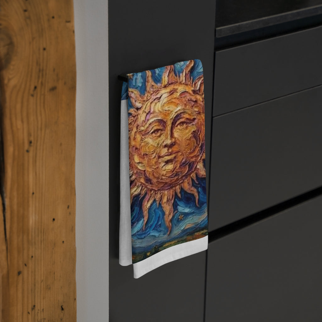 Sunburst Art Tea Towel — Hand-Painted Sun Design Decorative Kitchen Towel