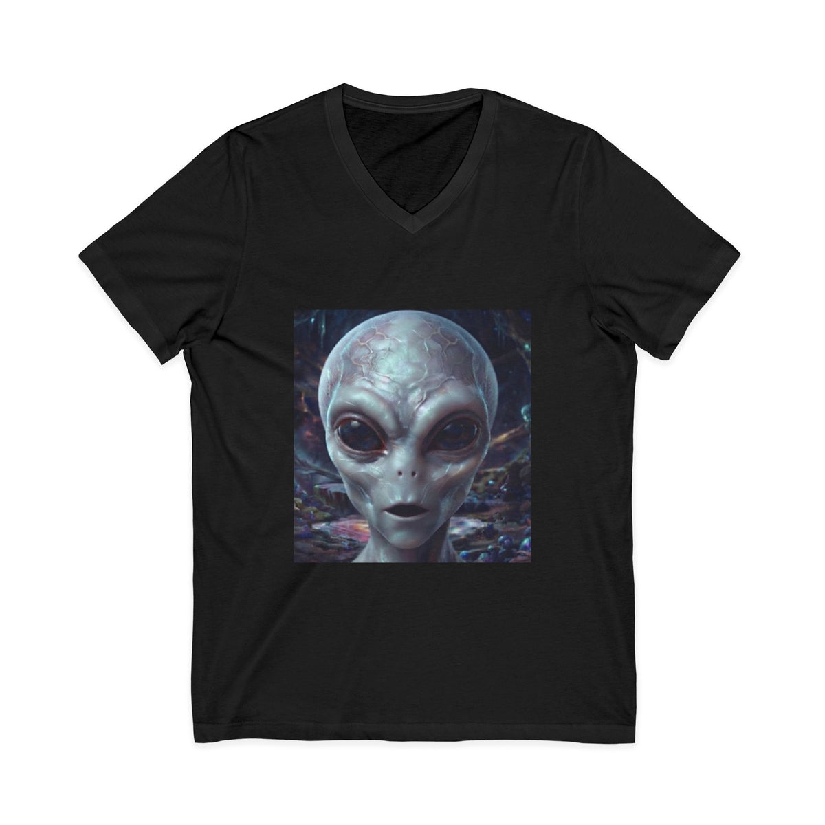 Alien Face V-Neck Tee — Realistic Extraterrestrial Graphic T-Shirt