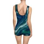 Vintage Canada USA flag one-piece swimsuit with retro maple leaf and stars all-over print, stylish bathing suit by Printify.