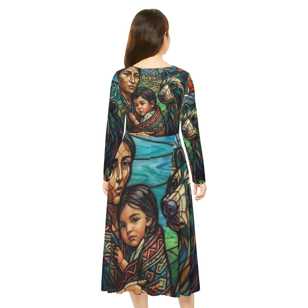 Madre e hijo colombianos con oso espiritual, Serie No Más Hermanas Robadas, #mmiwg, Vestido de Arte de Vidrio Teñido | Vestido de Baile de Manga Larga
