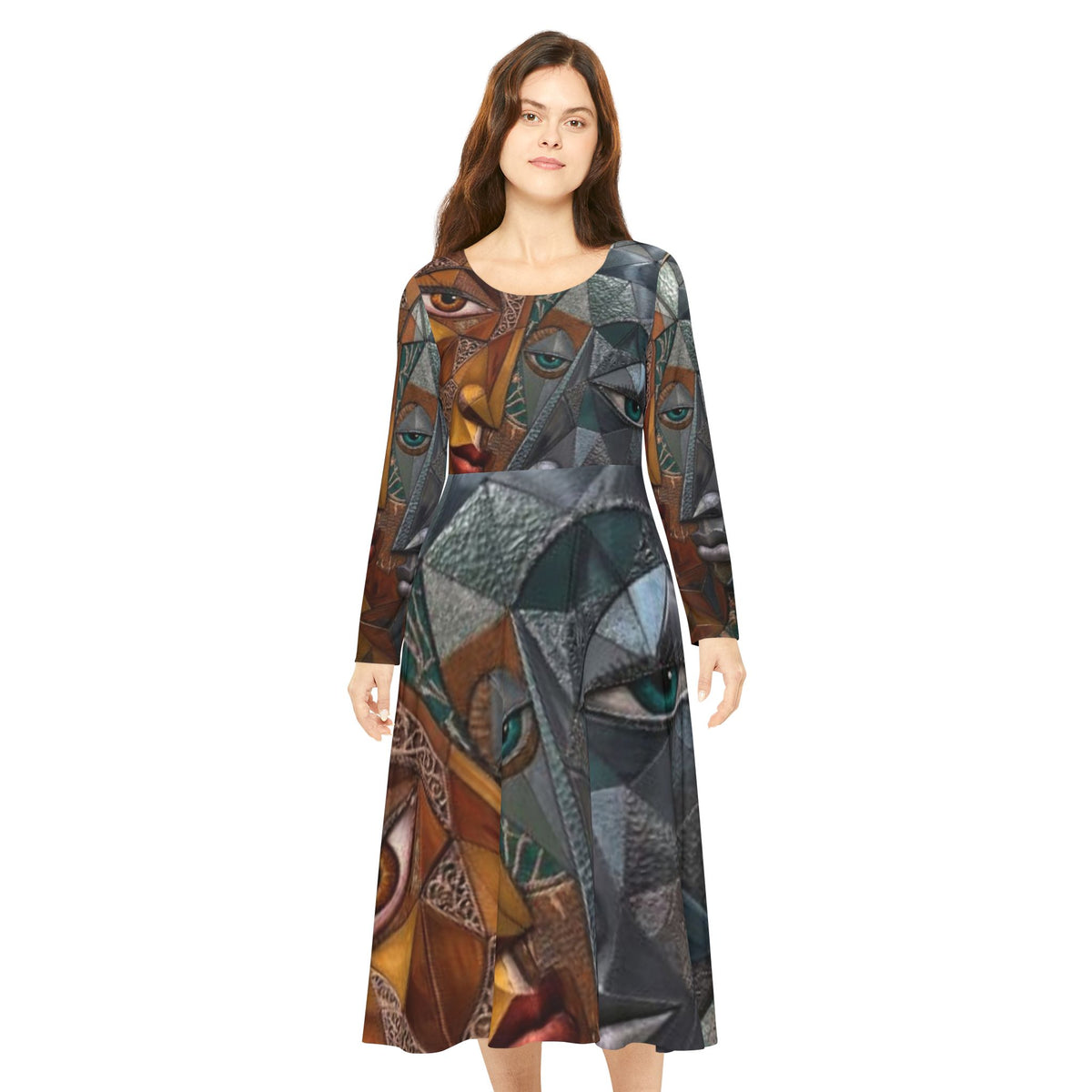 Cubist Mask Faces Dress | Long Sleeve Dance Dress